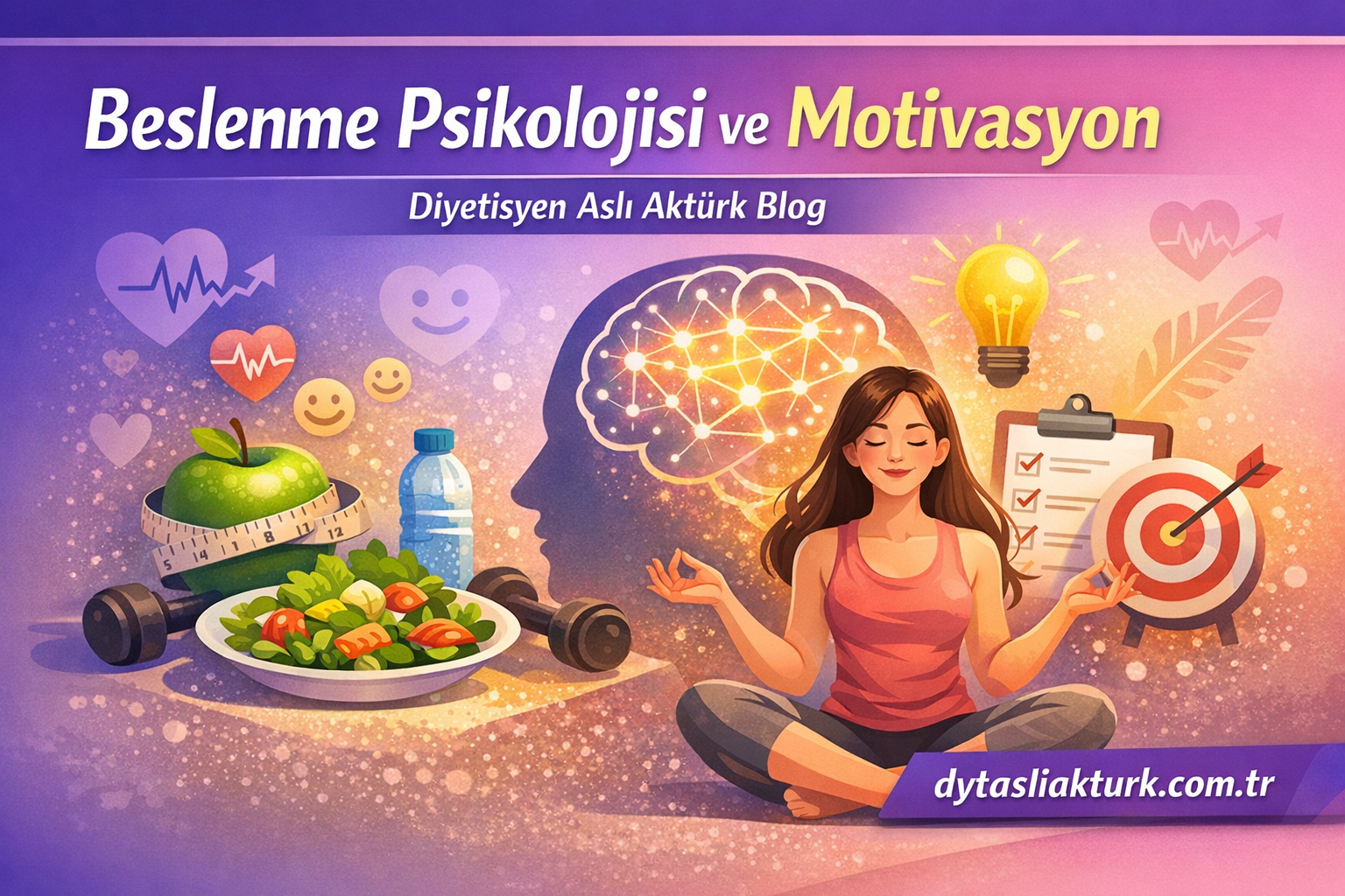 Colorful banner about nutrition psychology and motivation: a meditating woman, a glowing brain network, healthy foods, and a target symbolled by a checklist and light bulb.