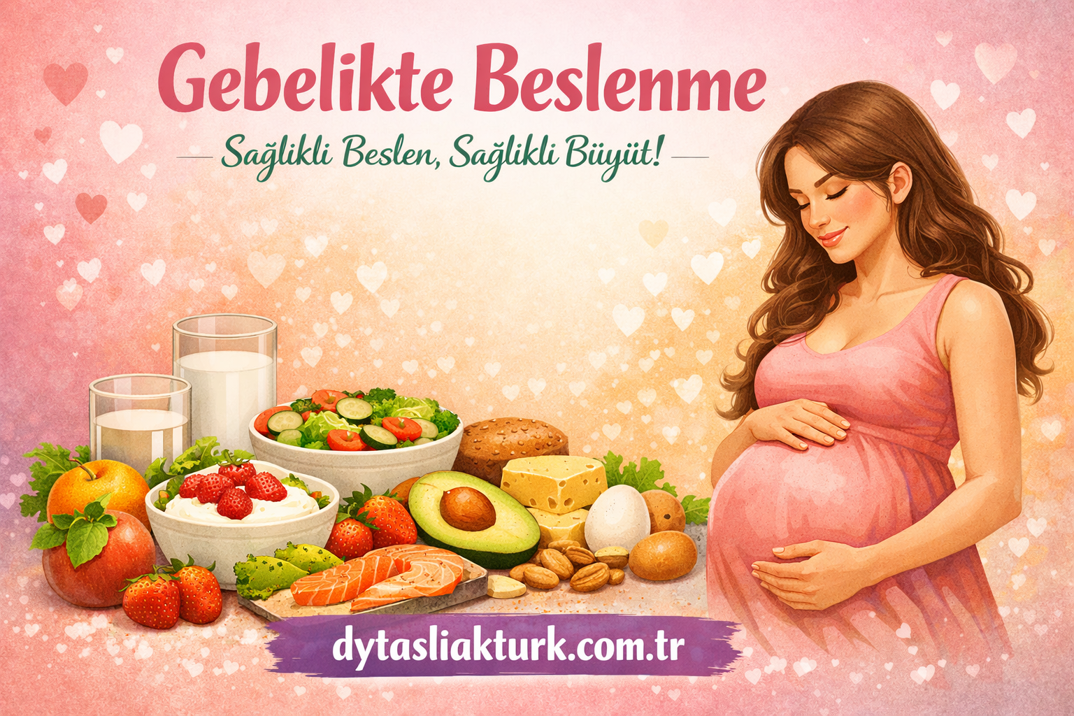 Gebelikte Beslenme — Sağlıklı Beslen, Sağlıklı Büyüt! with a pregnant woman on the right and bowls of healthy foods on the left, pink heart background.