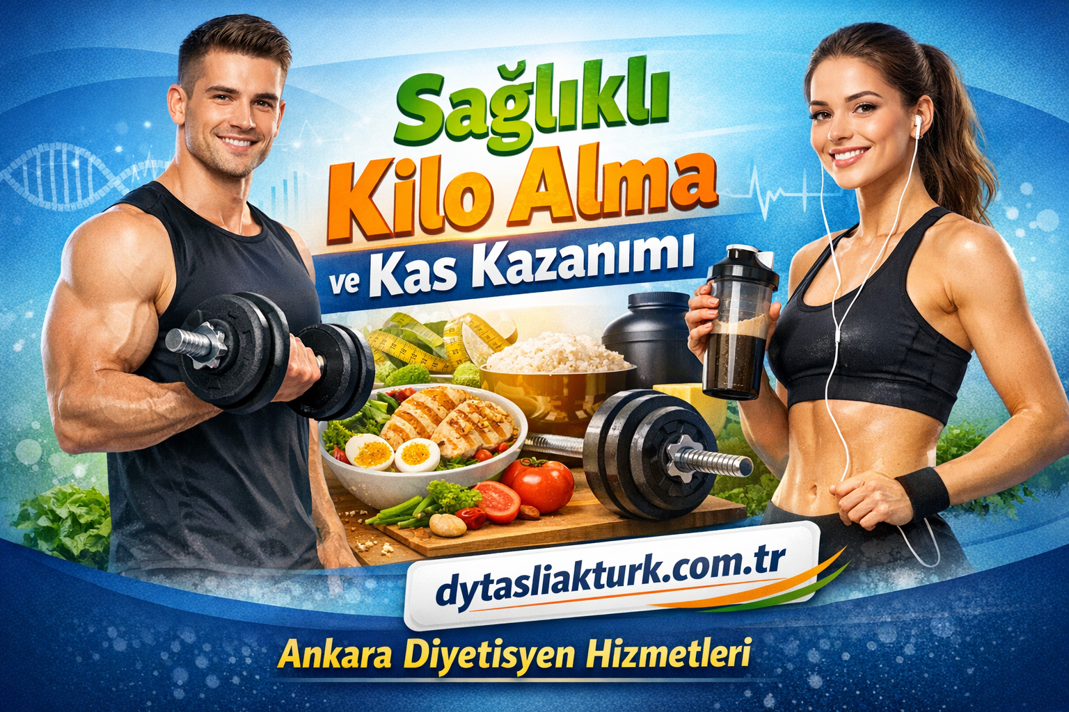 Sağlıklı Kilo Alma ve Kas Kazanımı - Aslı Aktürk Fitness promo banner: a man lifting dumbbells and a woman with a shaker, promoting healthy weight gain and muscle building in Turkish. dytasliakturk.com.tr is shown below.