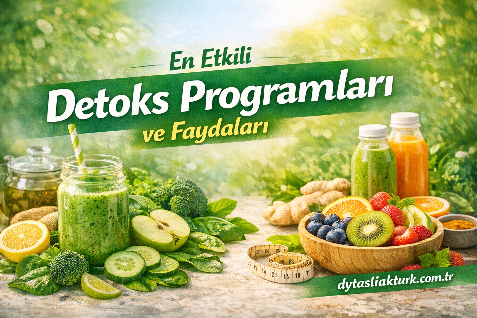 Promotional banner for effective detox programs; shows green smoothies, fresh fruits and vegetables with Turkish headline 'En Etkili Detoks Programları ve Faydaları'